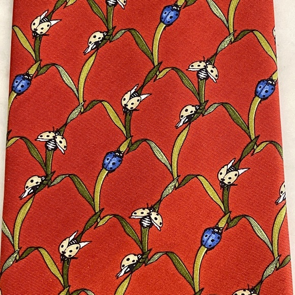 Tiffany & Co Rust Red Ladybugs Blue and Red Pattern Tie - Picture 5 of 5